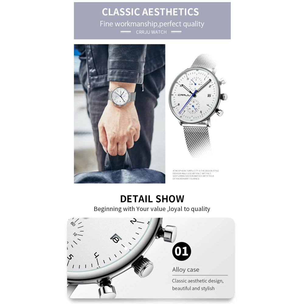 CRRJU Mens Watch Top Luxury Brand Men Stainless Steel WristWatch Men's Military waterproof Date Quartz watches relogio masculino