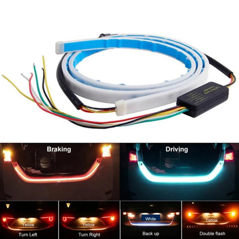 Car Rear Trunk Tail Light 120/150cm Colorful Dynamic Reverse Warning LED Strip 12v Auto Additional Brake Follow Turn Signal Lamp