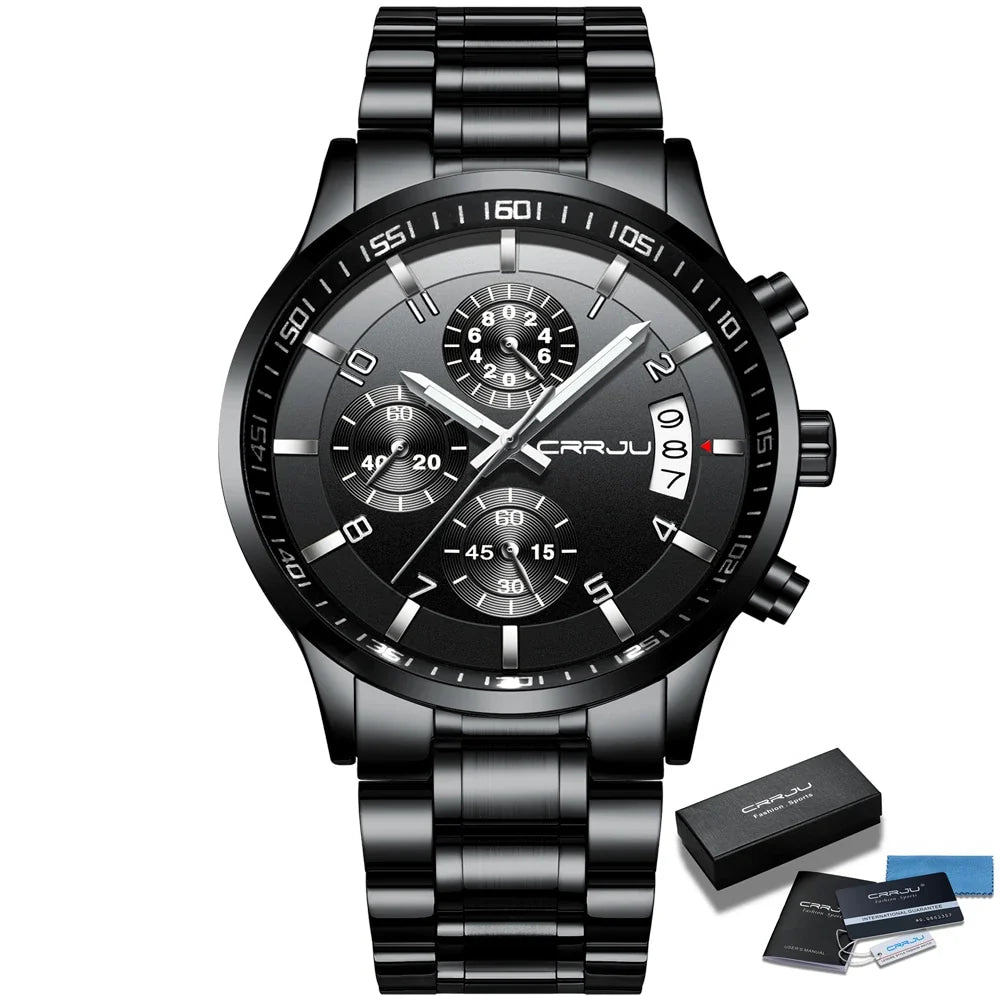 CRRJU Men Quartz Wristwatches Luxury Brand Sporty Chronograph Watches with 316 Stainless Steel Luminous Hands Male Clock Red
