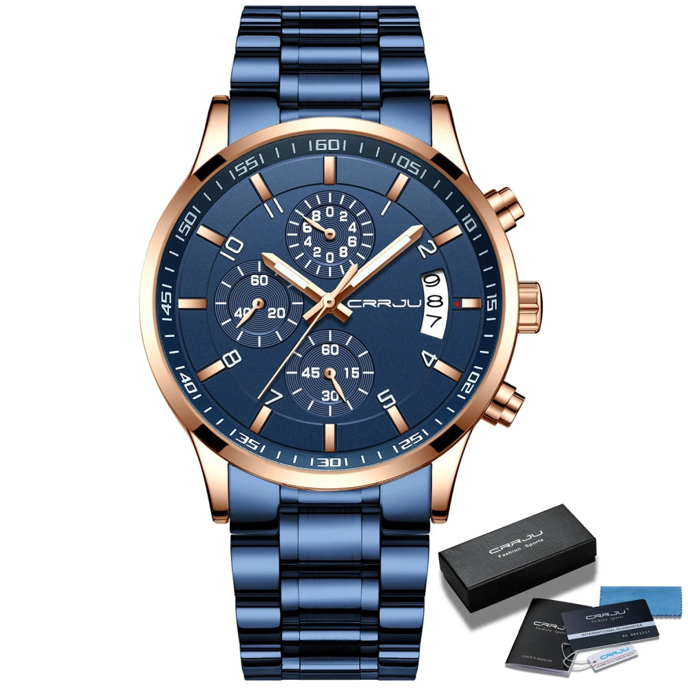 CRRJU Men Quartz Wristwatches Luxury Brand Sporty Chronograph Watches with 316 Stainless Steel Luminous Hands Male Clock Red