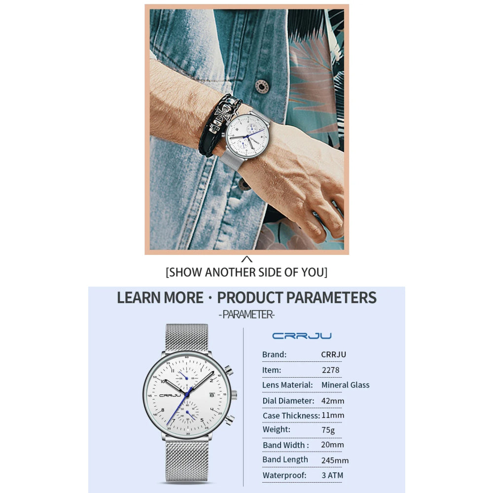 CRRJU Mens Watch Top Luxury Brand Men Stainless Steel WristWatch Men's Military waterproof Date Quartz watches relogio masculino