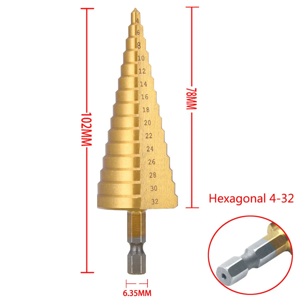 Broca escalonada recubierta de titanio HSS de 4-32mm, 4-20mm, herramienta de perforación cónica cortadora de agujeros de madera y Metal de acero de alta velocidad