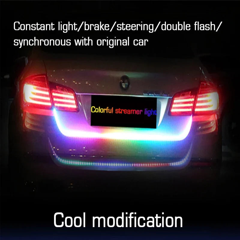 Car Rear Trunk Tail Light 120/150cm Colorful Dynamic Reverse Warning LED Strip 12v Auto Additional Brake Follow Turn Signal Lamp