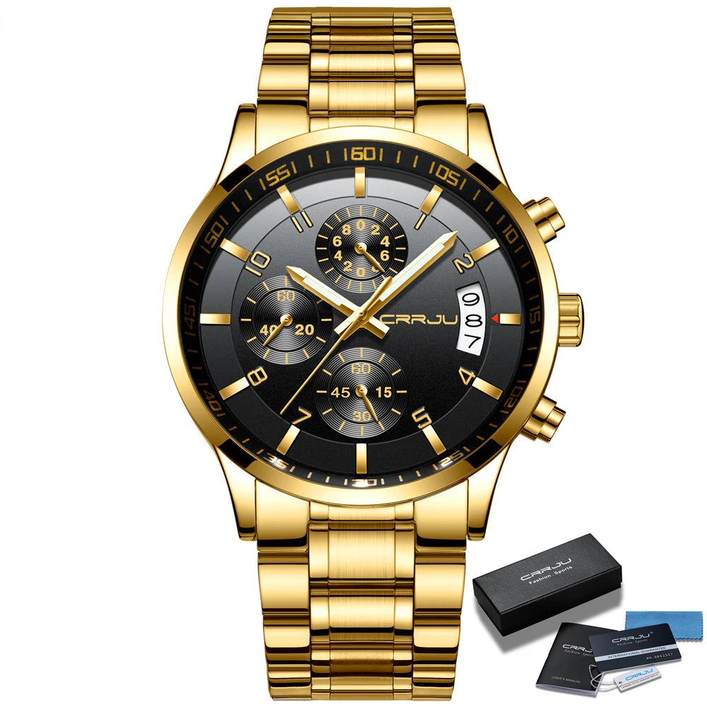 CRRJU Men Quartz Wristwatches Luxury Brand Sporty Chronograph Watches with 316 Stainless Steel Luminous Hands Male Clock Red