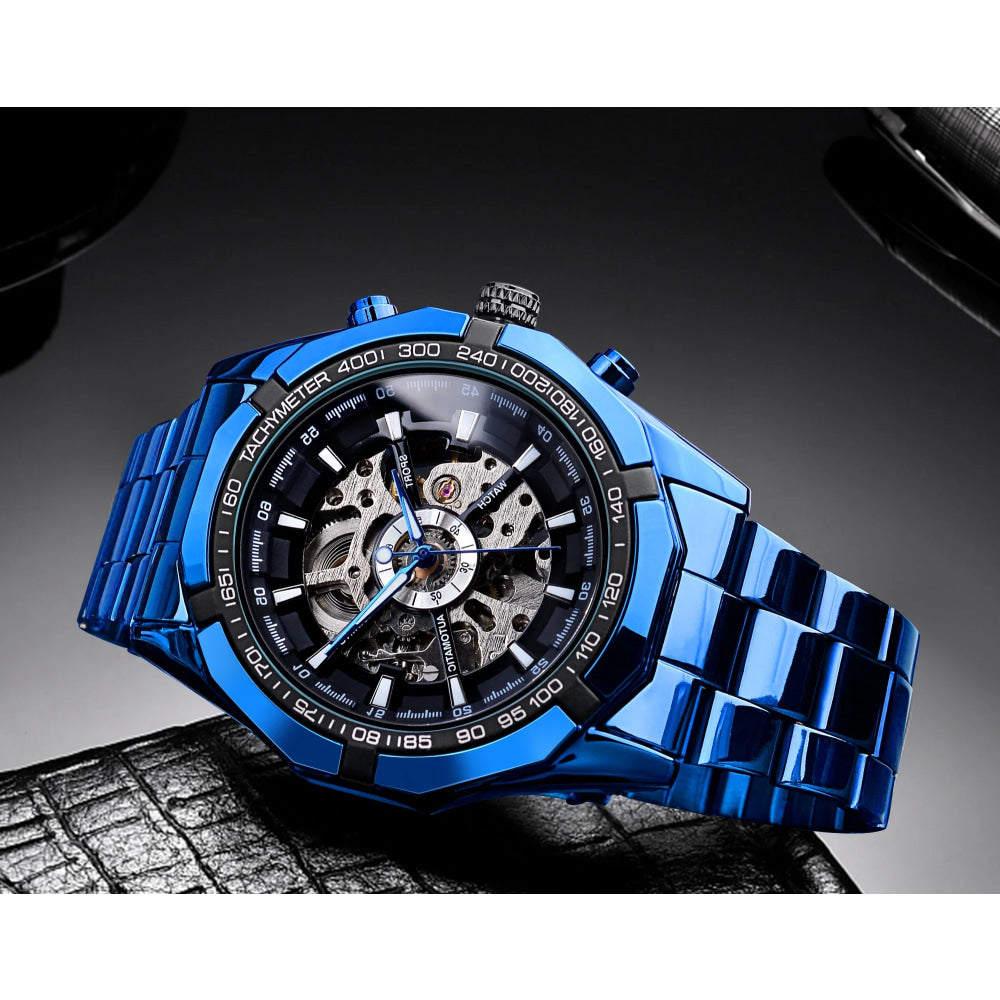 Forsining 2021 Stainless Steel Waterproof Mens Skeleton Watches Top Brand Luxury Transparent Mechanical Sport Male Wrist Watches