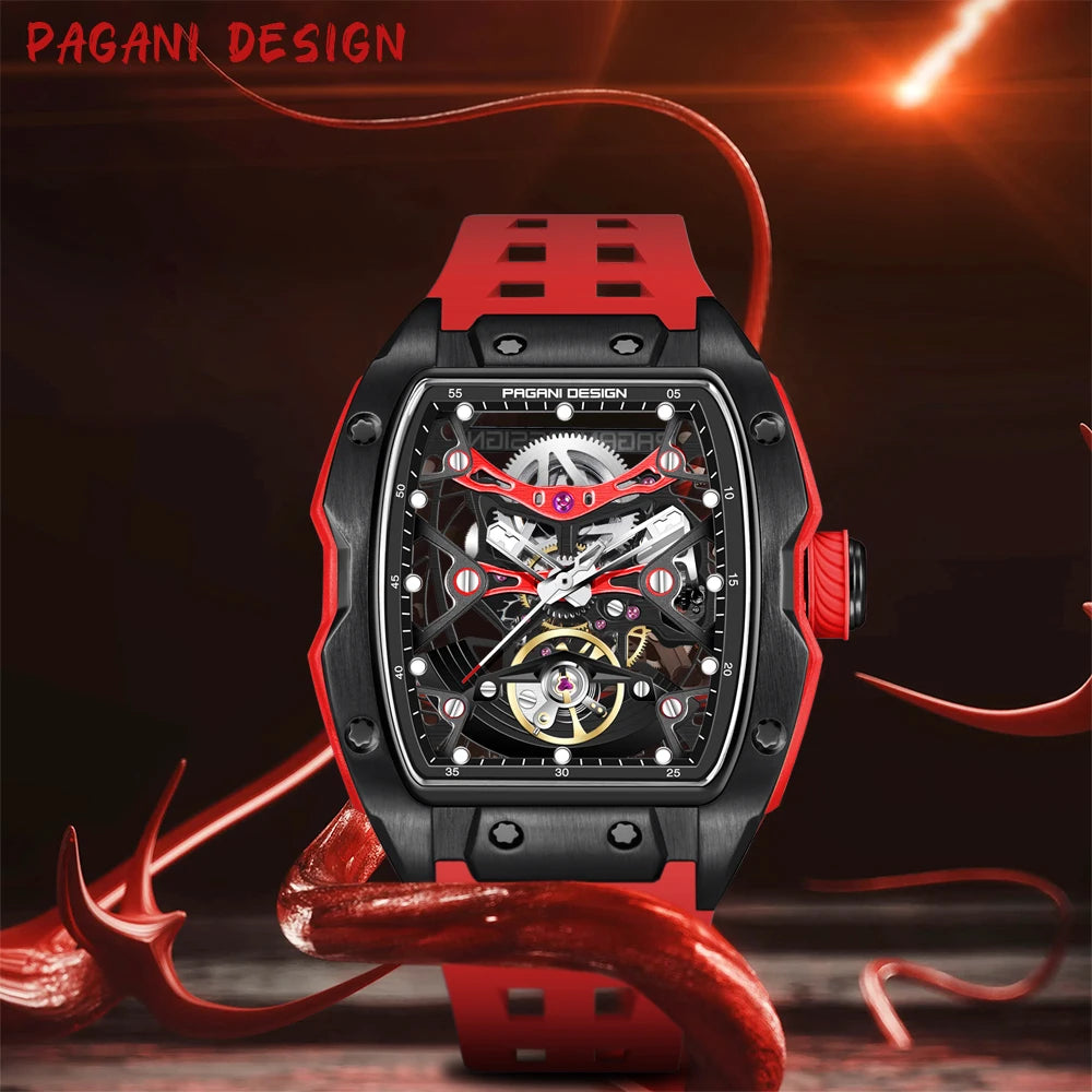 PAGANI DESIGN-reloj mecánico automático para hombre, barril de vino, tienda, estilo Venom, resistente al agua, lente de zafiro de goma, hueco