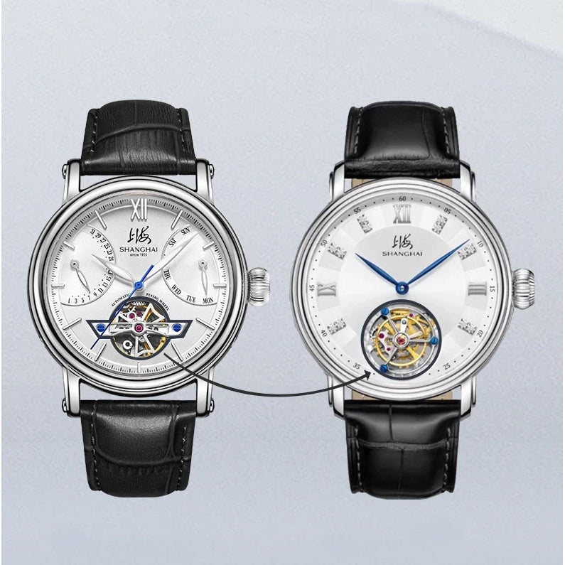 Shanghai Watch Skeletonized Flywheel Men's Mechanical Watch 42mm Automatic Watches Retrograde Calendar Sapphire Wristwatch S8924