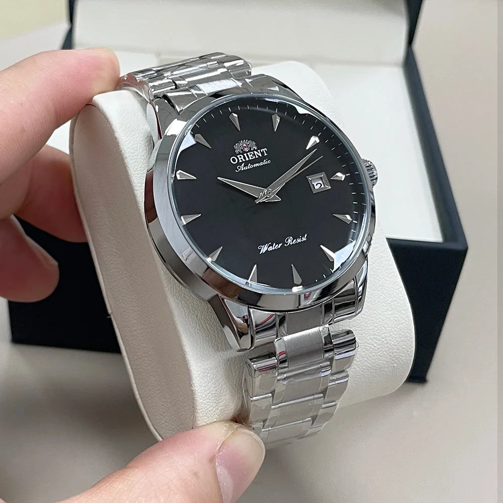 Orient Automatic Men's Watch, Black Dial Stainless Steel Band, Water Resistant Classic Business Wristwatch with Date Display