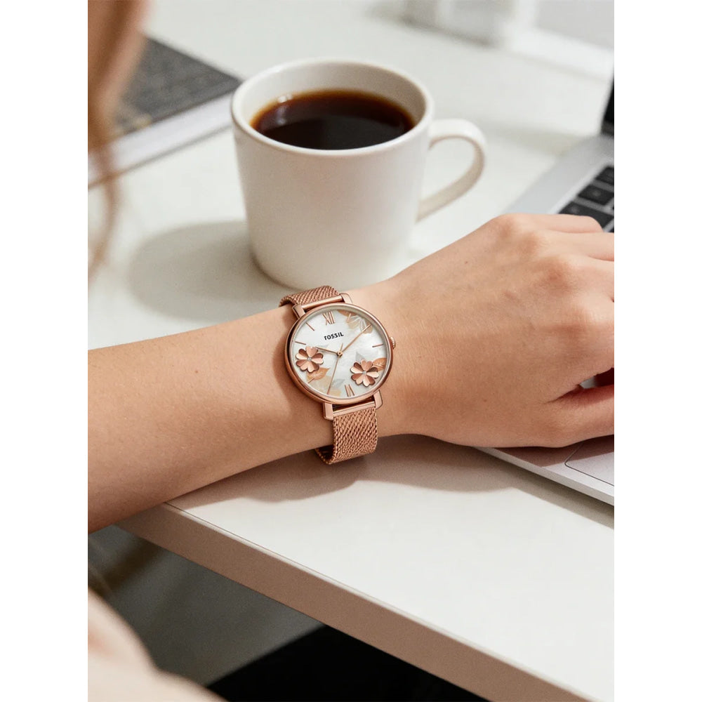 Fossil ES4534 Luxury Rose Gold Women Watches Stainless Steel Mesh Strap Quartz Wristwatch Mother of Pearl Clock Reloj Mujer