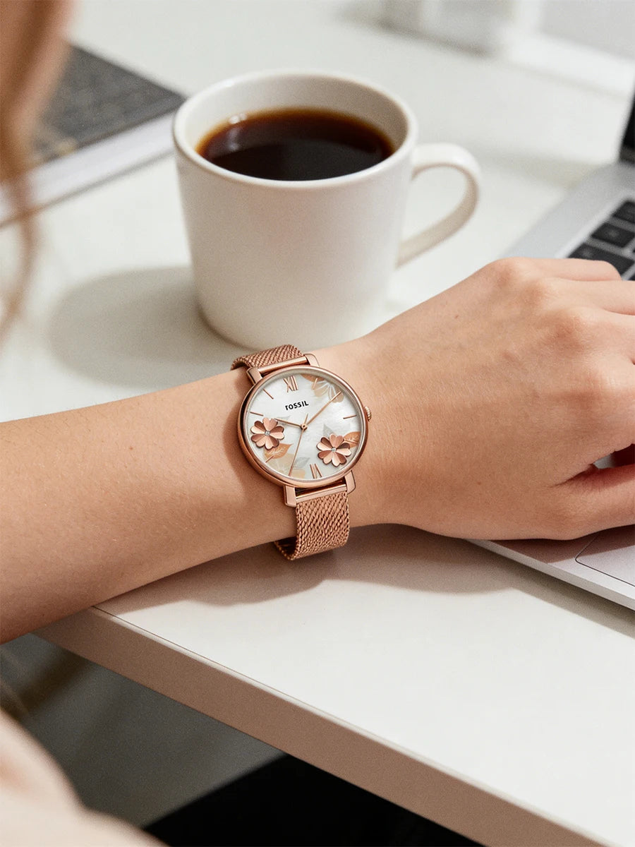 Fossil ES4534 Luxury Rose Gold Women Watches Stainless Steel Mesh Strap Quartz Wristwatch Mother of Pearl Clock Reloj Mujer