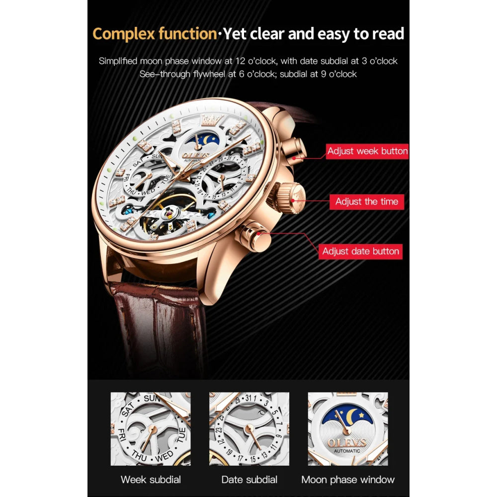 OLEVS 6658 Mens Watch Business Leather Strap Reloj  Hollow out Mechanical Automatic Wristwatch Waterproof Luminous Watch For Man