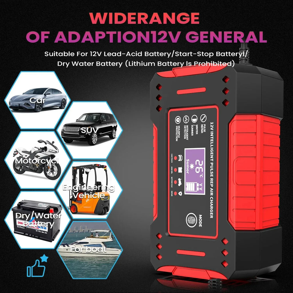 Cargador Unidad de carga de batería de coche y motocicleta Reparación de batería de plomo-ácido Pantalla LCD 6A 12V Batería de coche inteligente