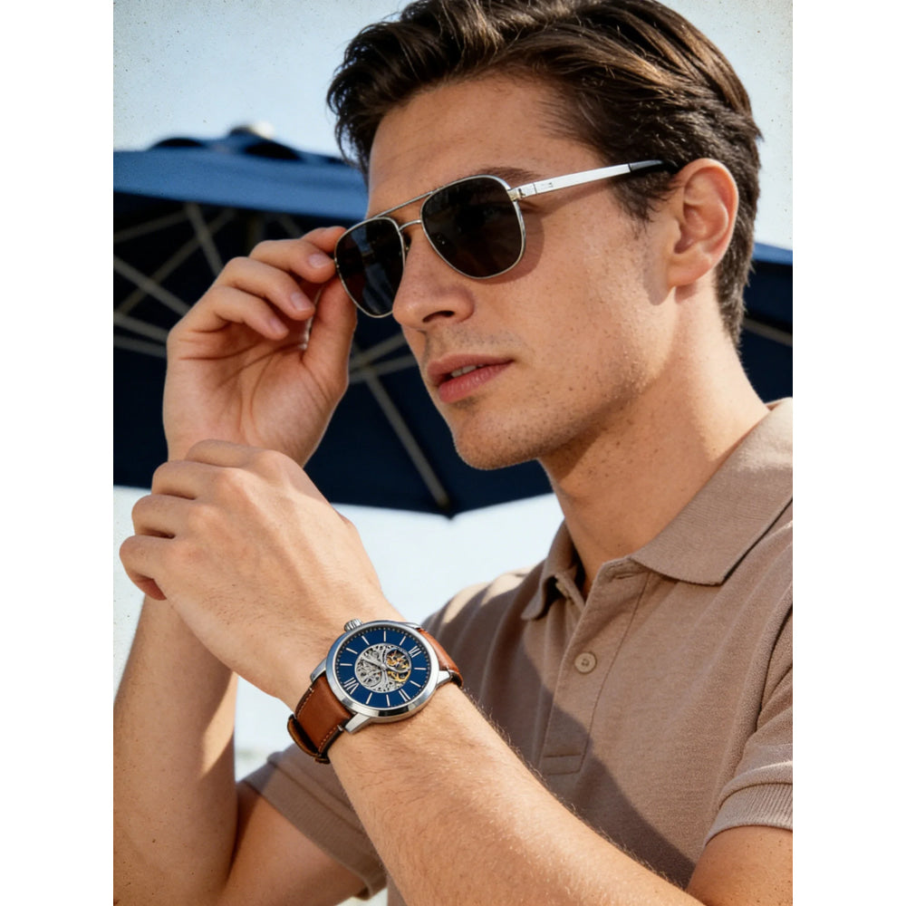 Fossil Men's Automatic Mechanical Watch Skeleton Dial Visible Movement Leather Strap Blue Navy Business Dress Gift Boyfriend