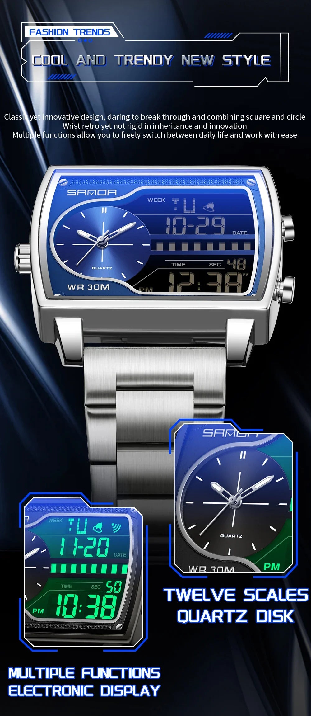 SANDA 6163 Fashion Trend Men's Quartz Watch Fashion Square Watch Countdown Sports Waterproof Dual Display Digital Men's Watches