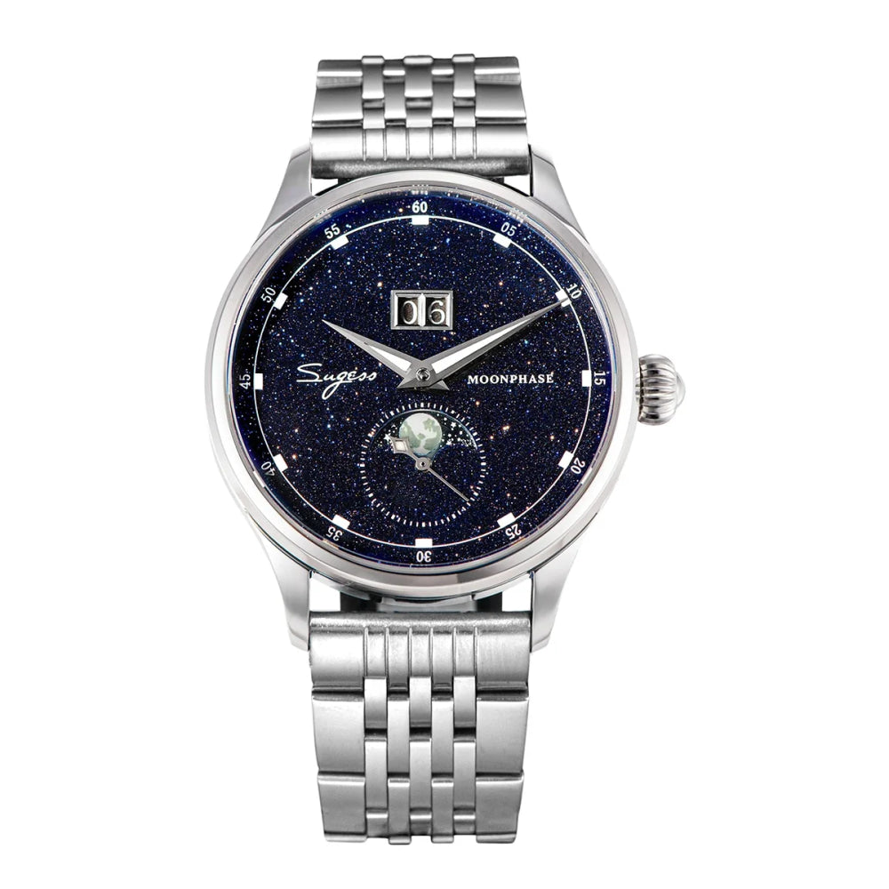 Sugess Moonphase Watch of Men 40mm Automatic Mechanical Wristwatches Origin ST2528 Movement Stainless Steel Blue Sandstone Dials