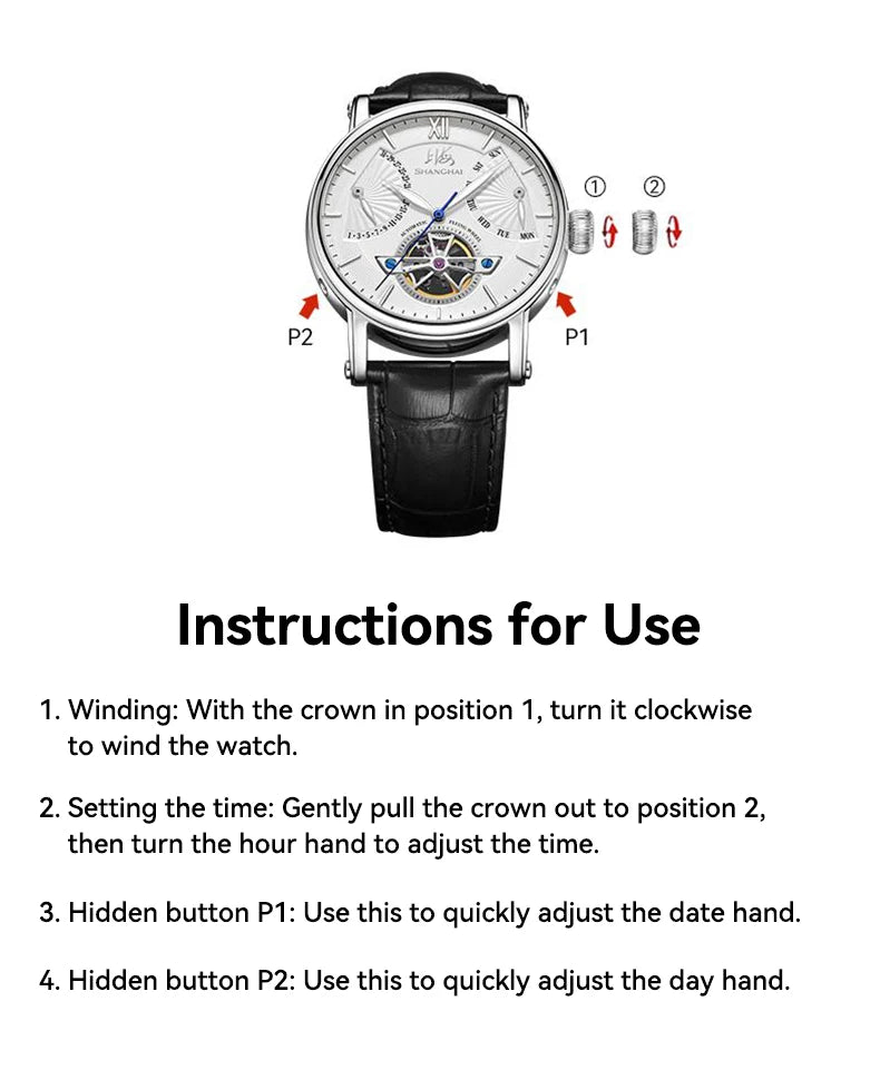 Shanghai Watch Skeletonized Flywheel Men's Mechanical Watch 42mm Automatic Watches Retrograde Calendar Sapphire Wristwatch S8924
