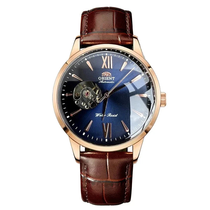 Orient Men's Automatic Open Heart Watch Blue Dial Stainless Steel Band Casual Dress Wristwatch 30M Water Resistant Fashion Watch