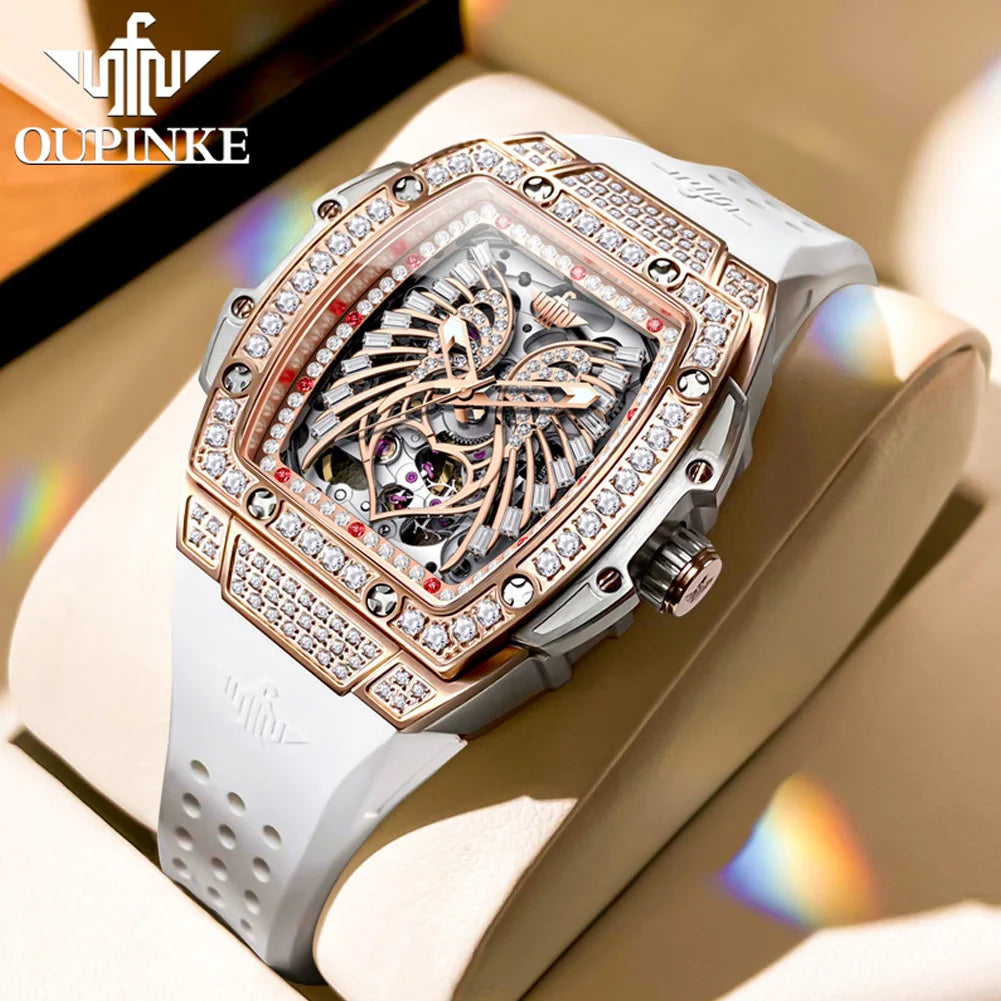 OUPINKE, marca de lujo, reloj mecánico para mujer, diseño de alas de Ángel de amor, esqueleto, automático, elegante, blanco, reloj de pulsera para mujer, nuevo
