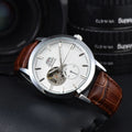 Orient automatic mechanical unisex watch with hollowed out personalized dial, fully functional world time leather strap
