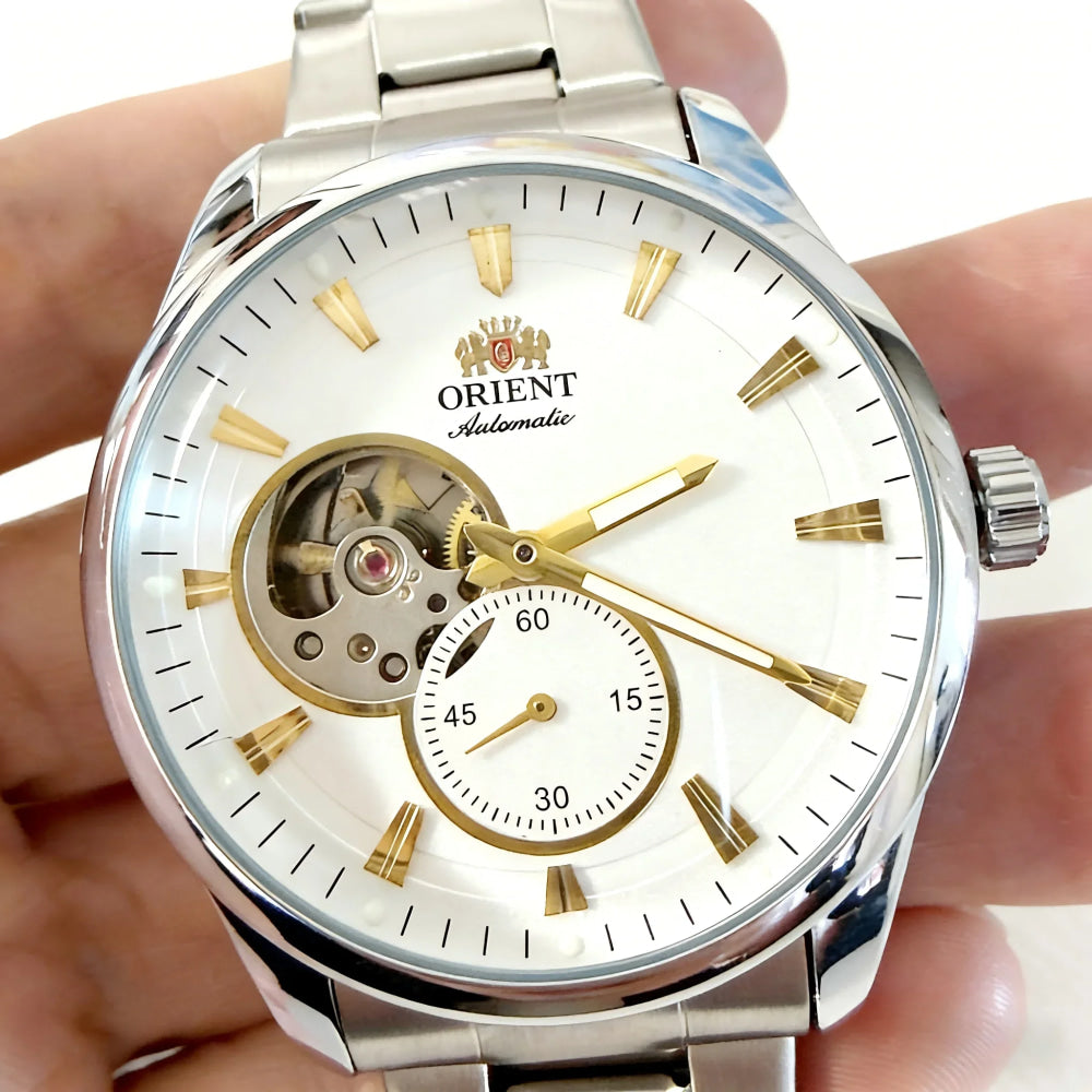 ORIENT Automatic Mechanical Watch Men's Stainless Steel Strap Skeleton Dial White Gold Needle Luminous 50M Waterproof Sapphire