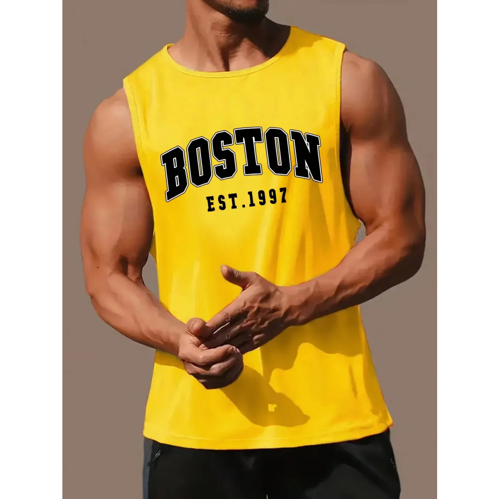 Men's summer fashion casual sports loose Boston est 1997 Print comfortable breathable round neck sleeveless vest