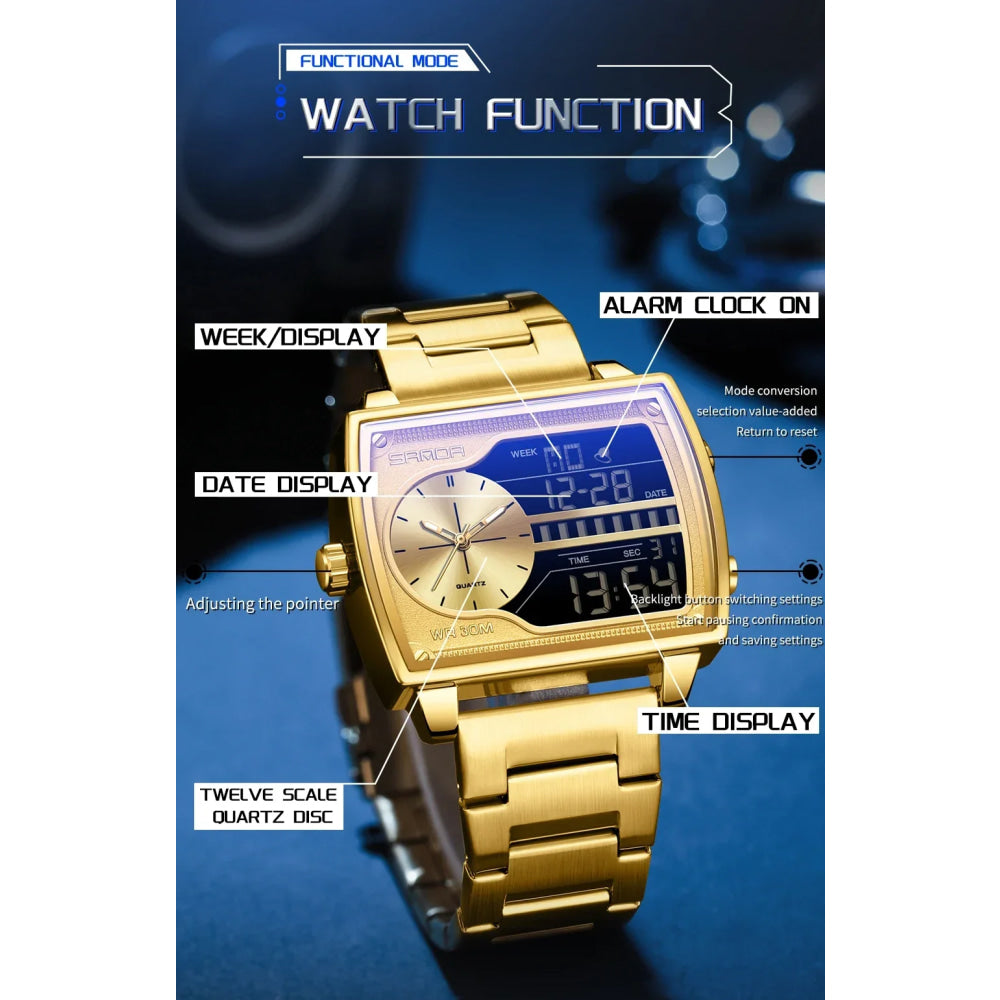 SANDA 6163 Fashion Trend Men's Quartz Watch Fashion Square Watch Countdown Sports Waterproof Dual Display Digital Men's Watches