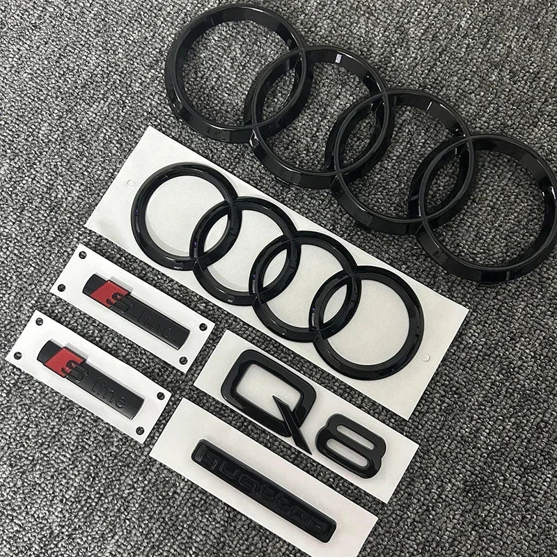 AUDI Q8 4-Ring logo ABS Black Car Hood Front Grill Emblem Rear Trunk Badge Q8 Sticker Quarrto Sline Emblem For Q8 2018-2024
