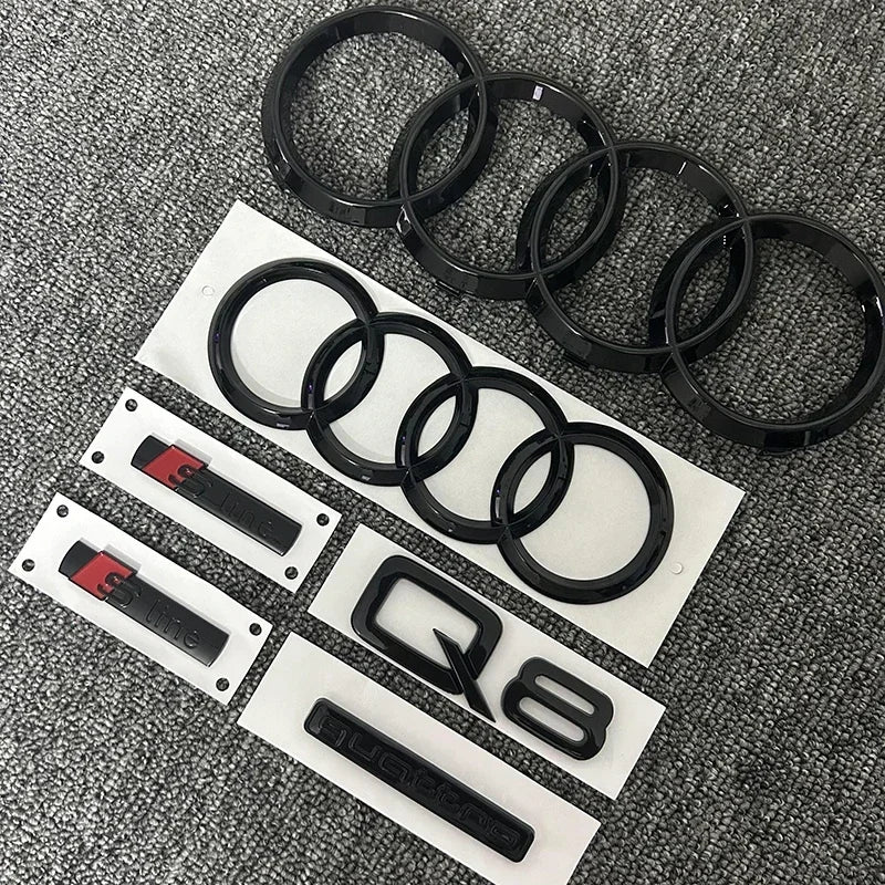 AUDI Q8 4-Ring logo ABS Black Car Hood Front Grill Emblem Rear Trunk Badge Q8 Sticker Quarrto Sline Emblem For Q8 2018-2024