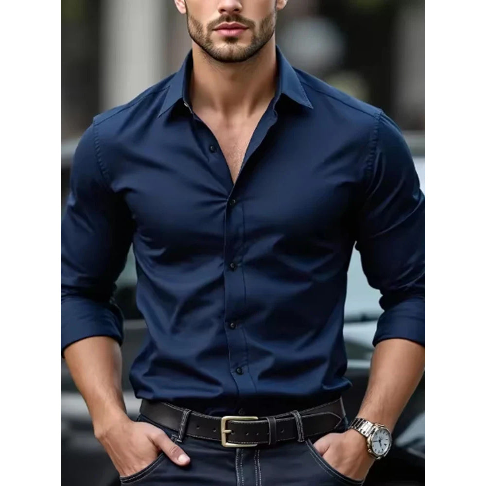 White men's Dress shirt without ironing, business casual, slim and slim black shirt, solid color, fashionable and high-quality