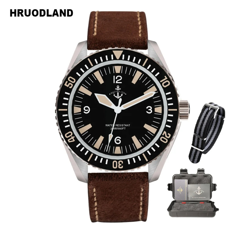 Hruodland F025 Retro Sport Men Watch HZ2565 Automatic Mechanical Stainless Steel Leather Strap Diving  reloj hombre watch for me