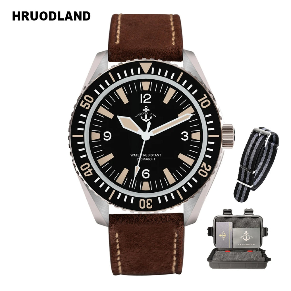 Hruodland F025 Retro Sport Men Watch HZ2565 Automatic Mechanical Stainless Steel Leather Strap Diving  reloj hombre watch for me