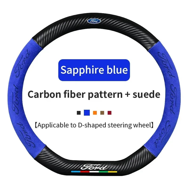 For Ford Mondeo Focus Raptor Puma Edge Explorer Ecosport Ranger F150 Kuga Car Suede Carbon fiber Anti-slip Steering Wheel Cover