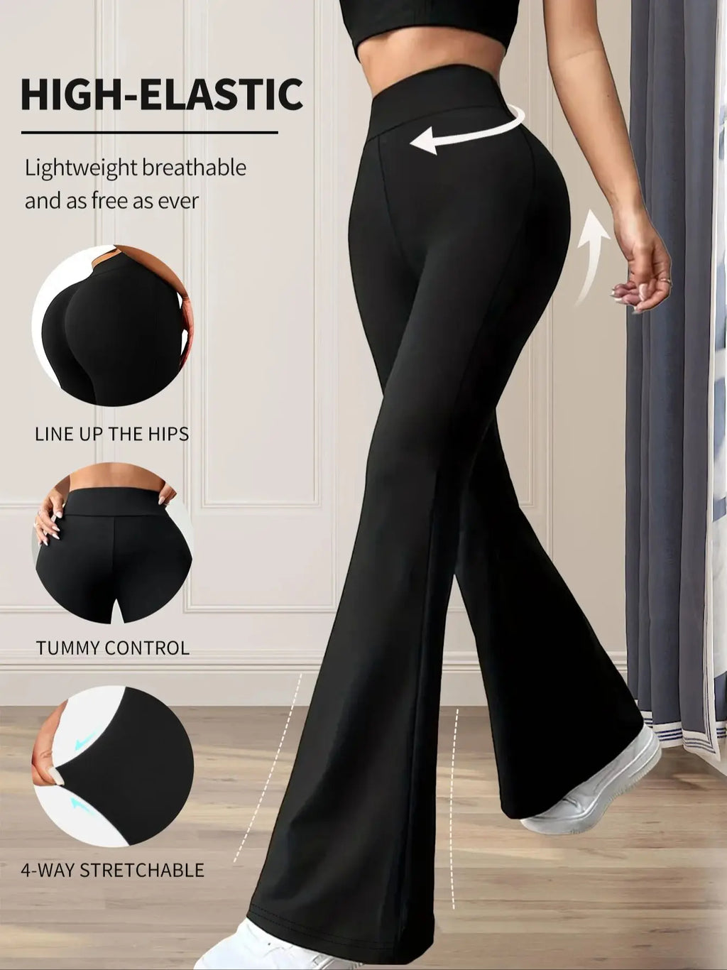 Pantalones acampanados ajustados de cintura alta para primavera y verano para mujer, pantalones negros largos de pierna delgada, pantalones finos de pierna ancha para mujeres delgadas