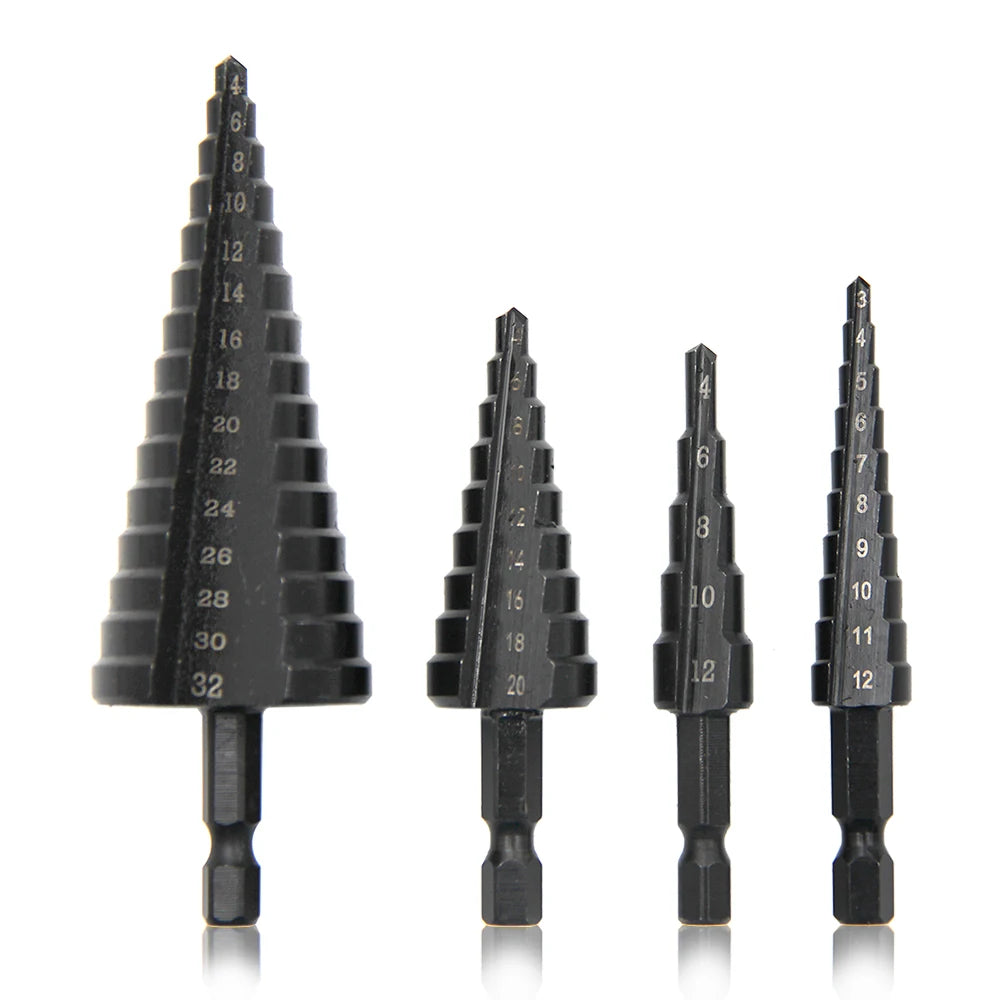 Broca escalonada negra con ranura recta y vástago Hexagonal, juego de herramientas de taladro de torre escariado de 3-12/4-12/4-20/4-32mm