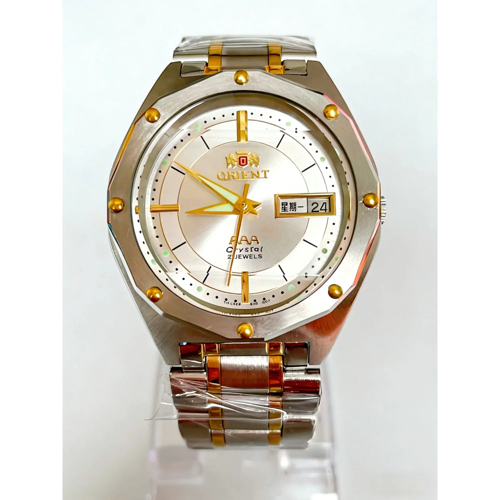 ORIENT Men's Two-Tone Stainless Steel Watch Green Dial Luminous Hands Day-Date Display AAA Crystal Analog Wristwatch