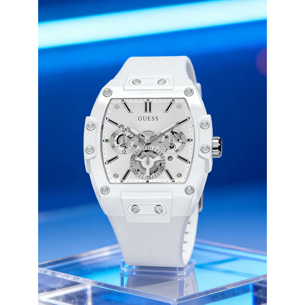GUESS Watches for Men Original Luxury Skeleton White Tonneau Multifunction Quartz Chronograph Silicone Strap Fashion Sport Wrist