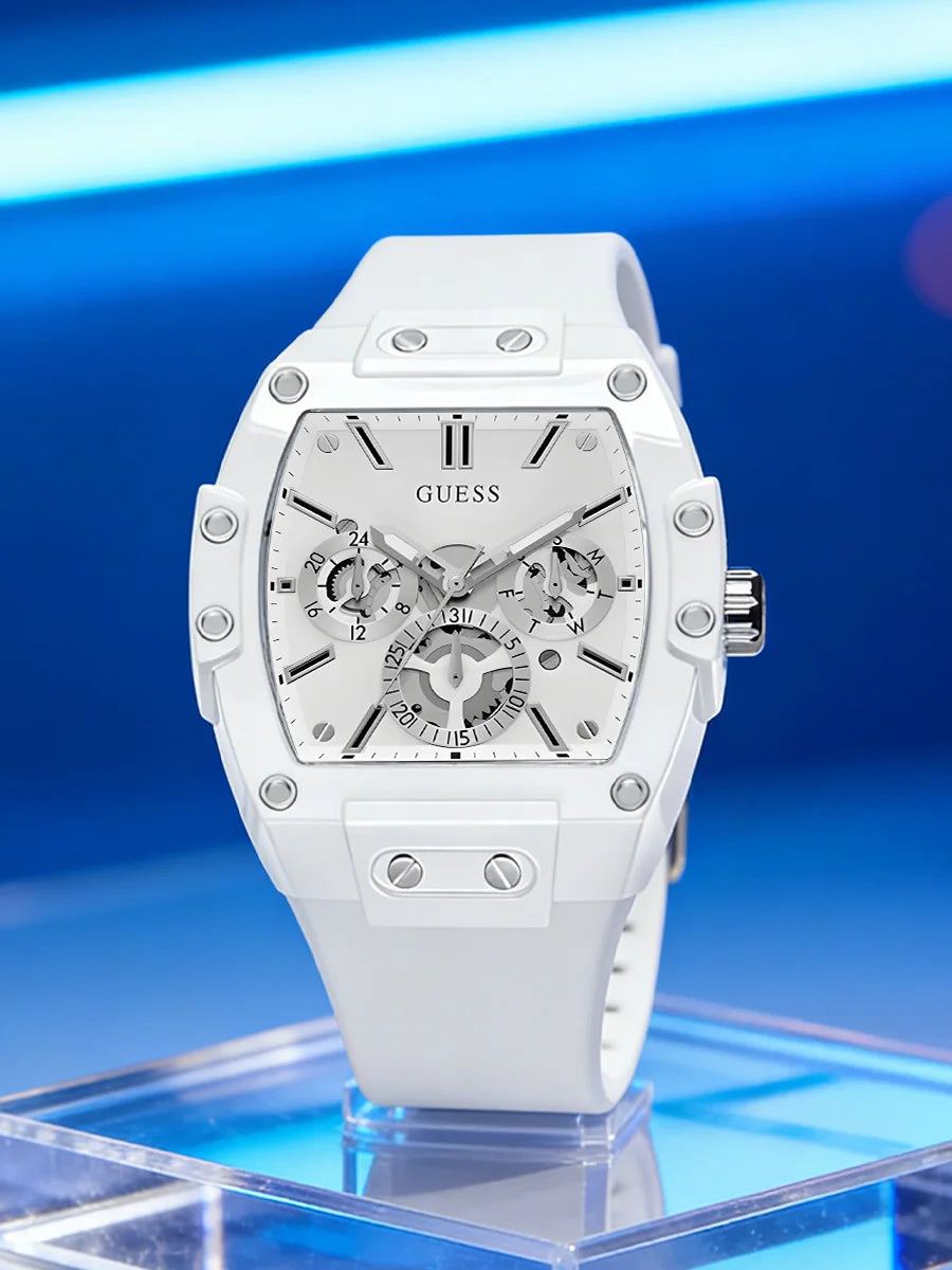 GUESS Watches for Men Original Luxury Skeleton White Tonneau Multifunction Quartz Chronograph Silicone Strap Fashion Sport Wrist