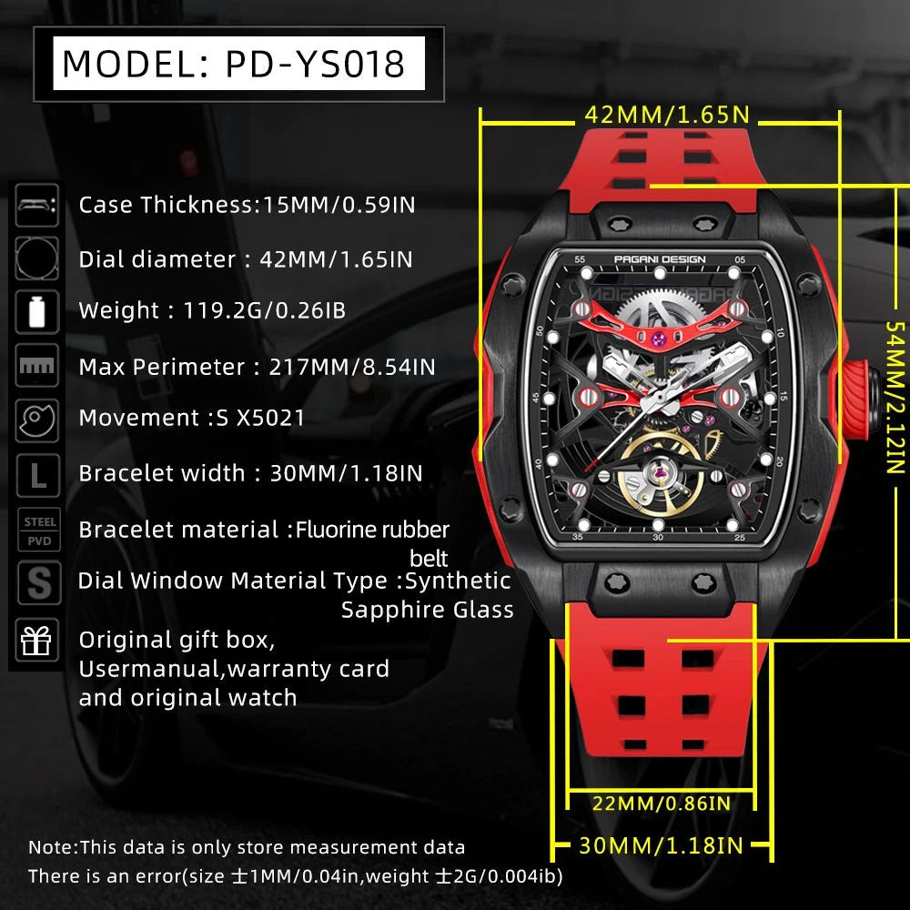 PAGANI DESIGN-reloj mecánico automático para hombre, barril de vino, tienda, estilo Venom, resistente al agua, lente de zafiro de goma, hueco