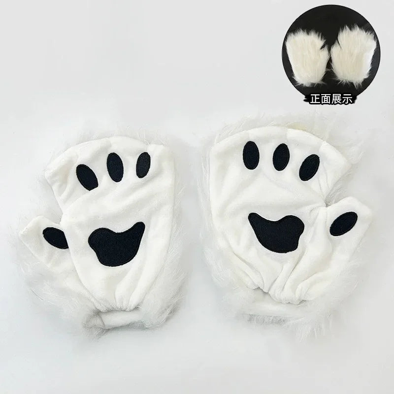 FluffyAnime-guantes y orejas de piel de Animal, cola de zorro, patas de gato, máscara facial, conjunto de disfraz de Cosplay, accesorios para fiesta de Halloween