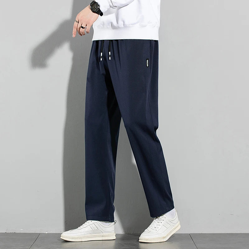 Pantalones de seda de hielo para hombre, novedad de verano 20225, pantalones informales de negocios finos negros y grises, pantalones de chándal de pierna recta transpirables elásticos para exteriores