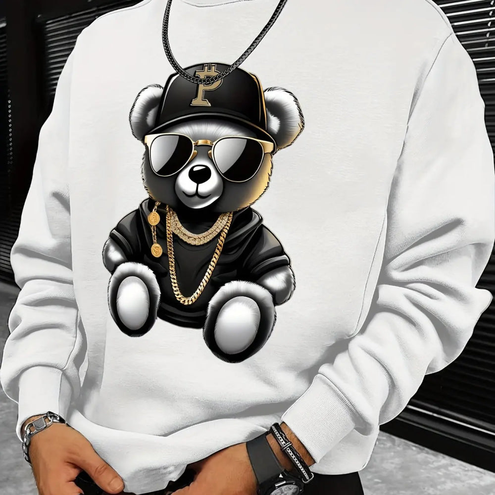 Men's autumn and winter fashionable casual loose cool bear cartoon graphic print fleece long sleeved round neck sweatshirt