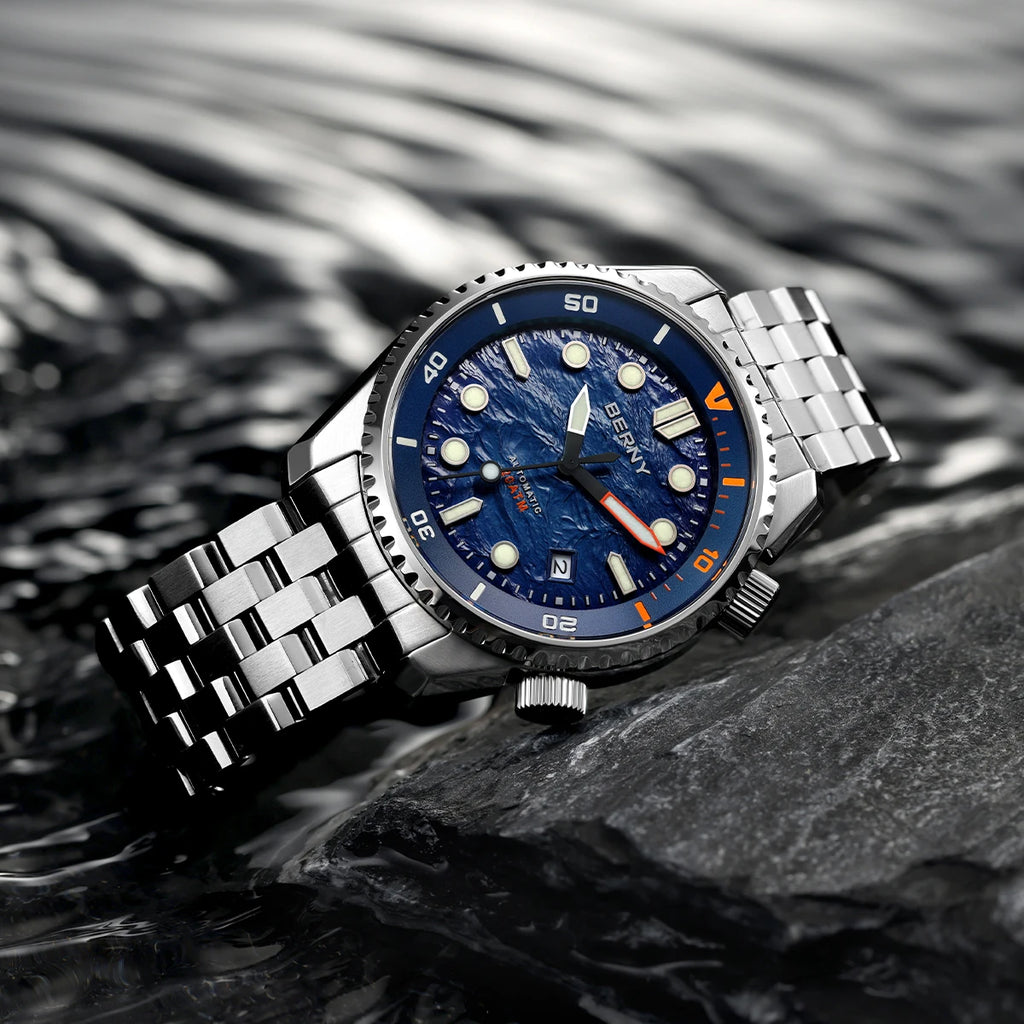 BERNY Automatic Diver Watch for Men Top Luxury Sapphire 316L Steel Blue Dial 200M Waterproof Mechanical Diving Men's Watches