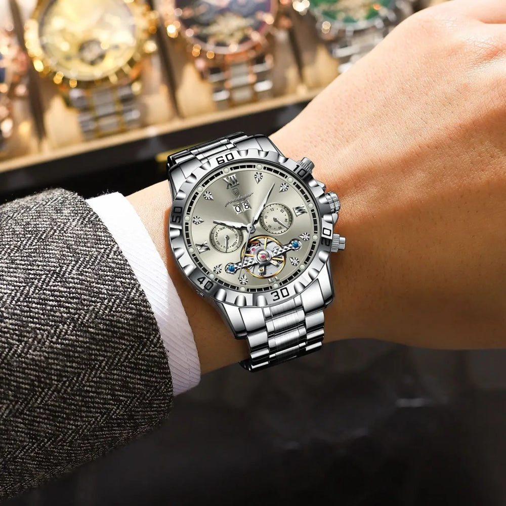 POEDAGAR Luxury Men Wristwatch Hollow Tourbillon Luminous Date Week Man Clock Automatic Mechanical Stainless Steel Men's Watches