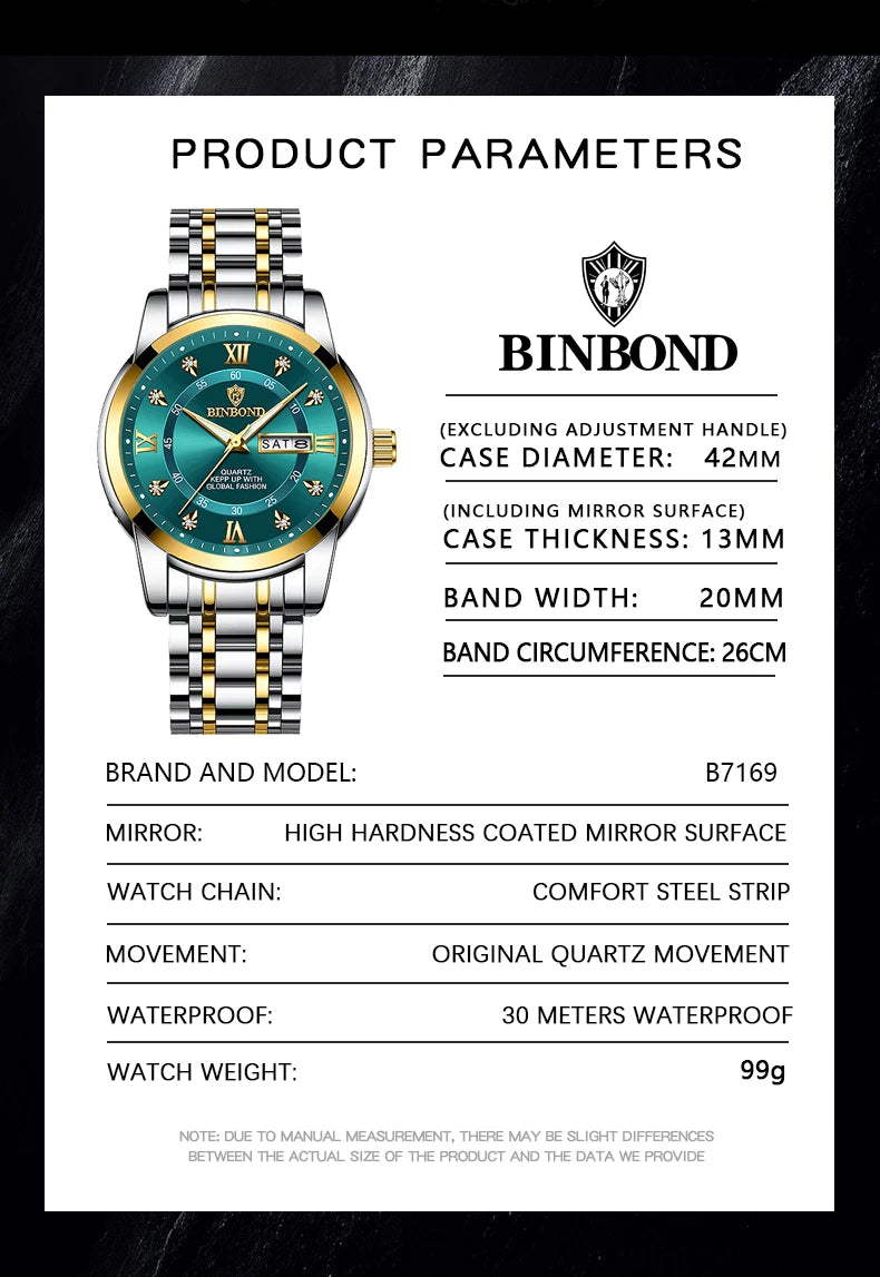 BINBOND Top Brand Luxury Fashion Watch Men 3ATM Waterproof Date Clock Sport Watches Mens Quartz Wristwatch Relogio Masculino