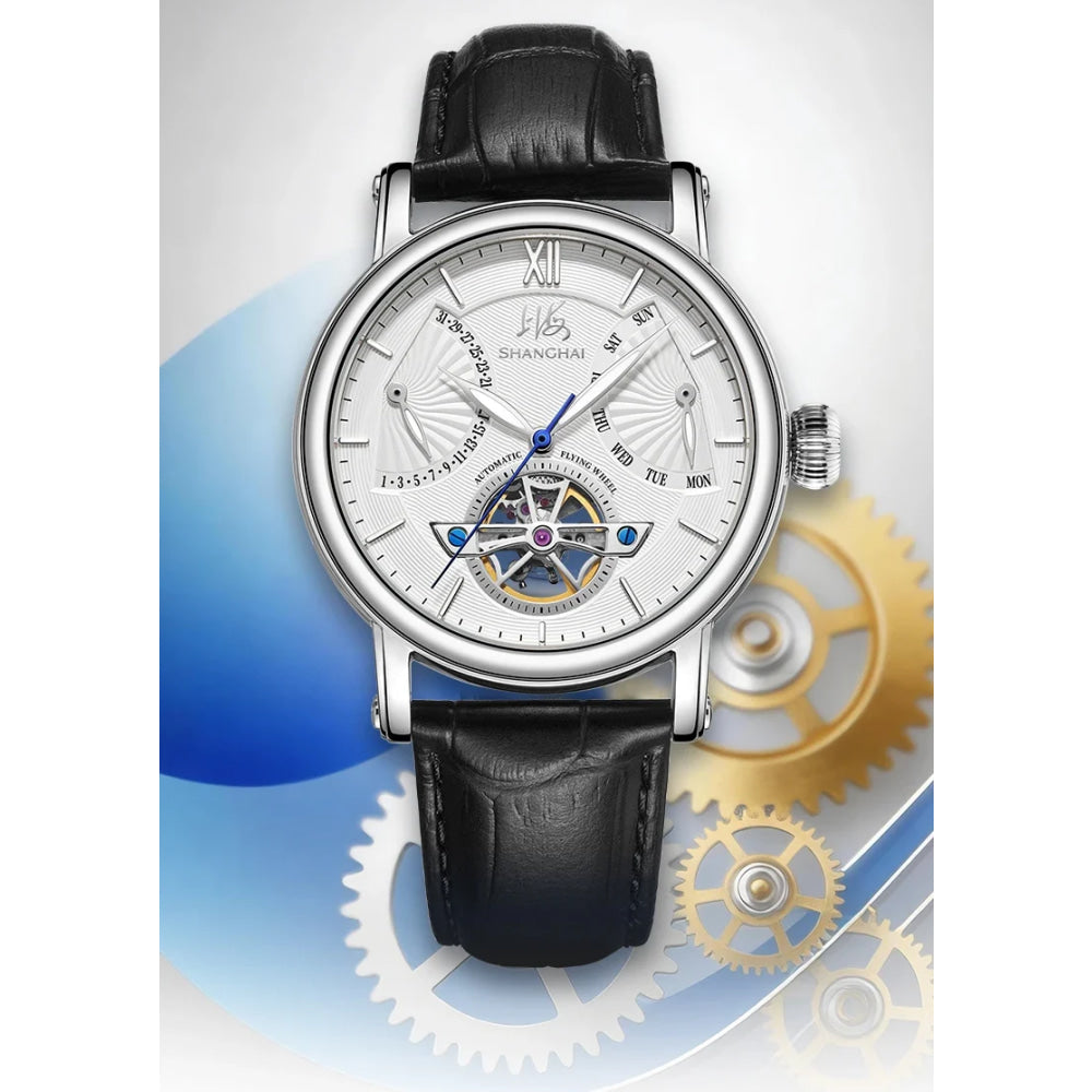 Shanghai Watch Skeletonized Flywheel Men's Mechanical Watch 42mm Automatic Watches Retrograde Calendar Sapphire Wristwatch S8924