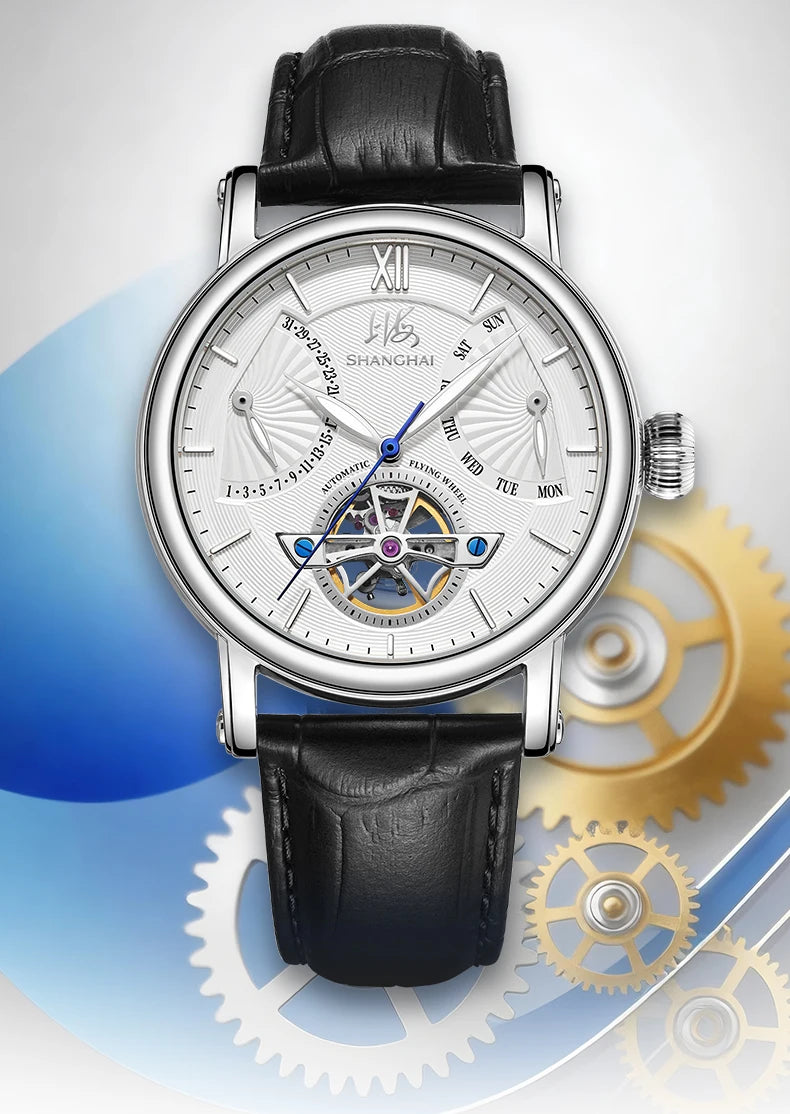 Shanghai Watch Skeletonized Flywheel Men's Mechanical Watch 42mm Automatic Watches Retrograde Calendar Sapphire Wristwatch S8924
