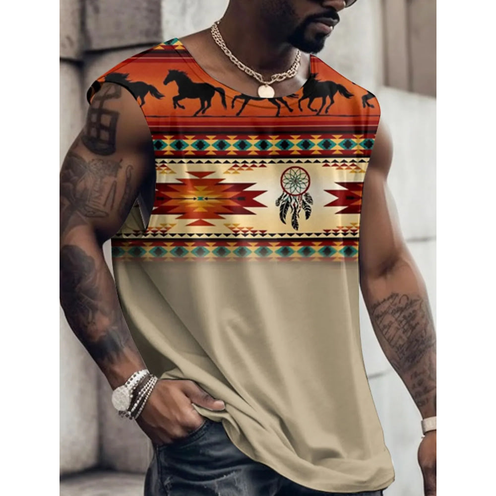 Summer New Men's Vest T Shirt Patterned Tribal Round Neck Clothing Daily Fitness Sports Vintage Sleeveless Printed Ethnic Tops