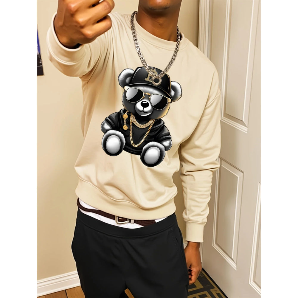 Men's autumn and winter fashionable casual loose cool bear cartoon graphic print fleece long sleeved round neck sweatshirt