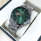 Orient Men's Automatic Open Heart Watch Blue Dial Stainless Steel Band Casual Dress Wristwatch 30M Water Resistant Fashion Watch