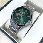 Orient Men's Automatic Open Heart Watch Blue Dial Stainless Steel Band Casual Dress Wristwatch 30M Water Resistant Fashion Watch